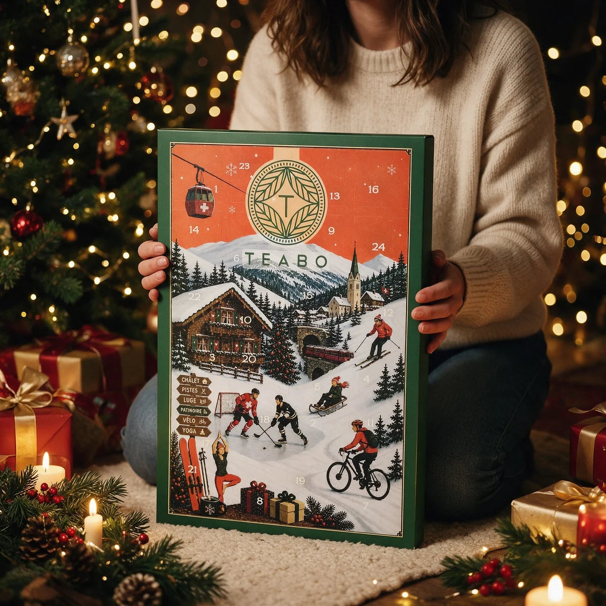 Le calendrier Teabo entier, présenté près du sapin dans une ambiance de Noël