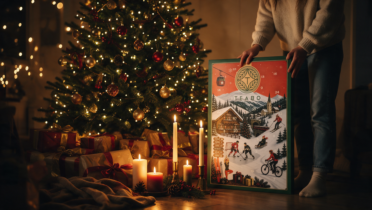 Le calendrier de l'Avent Teabo tenu devant un sapin décoré, bougies et cadeaux au sol