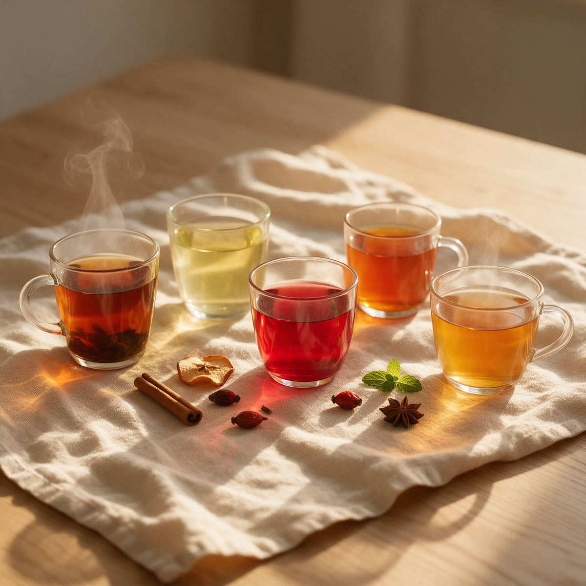 Cinq tasses transparentes de thés et d'infusions aux couleurs différentes