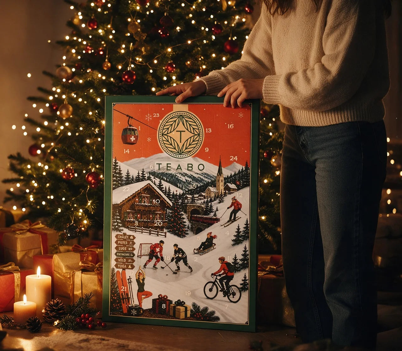 Le calendrier Teabo entier au pied du sapin, dans la lumière de Noël