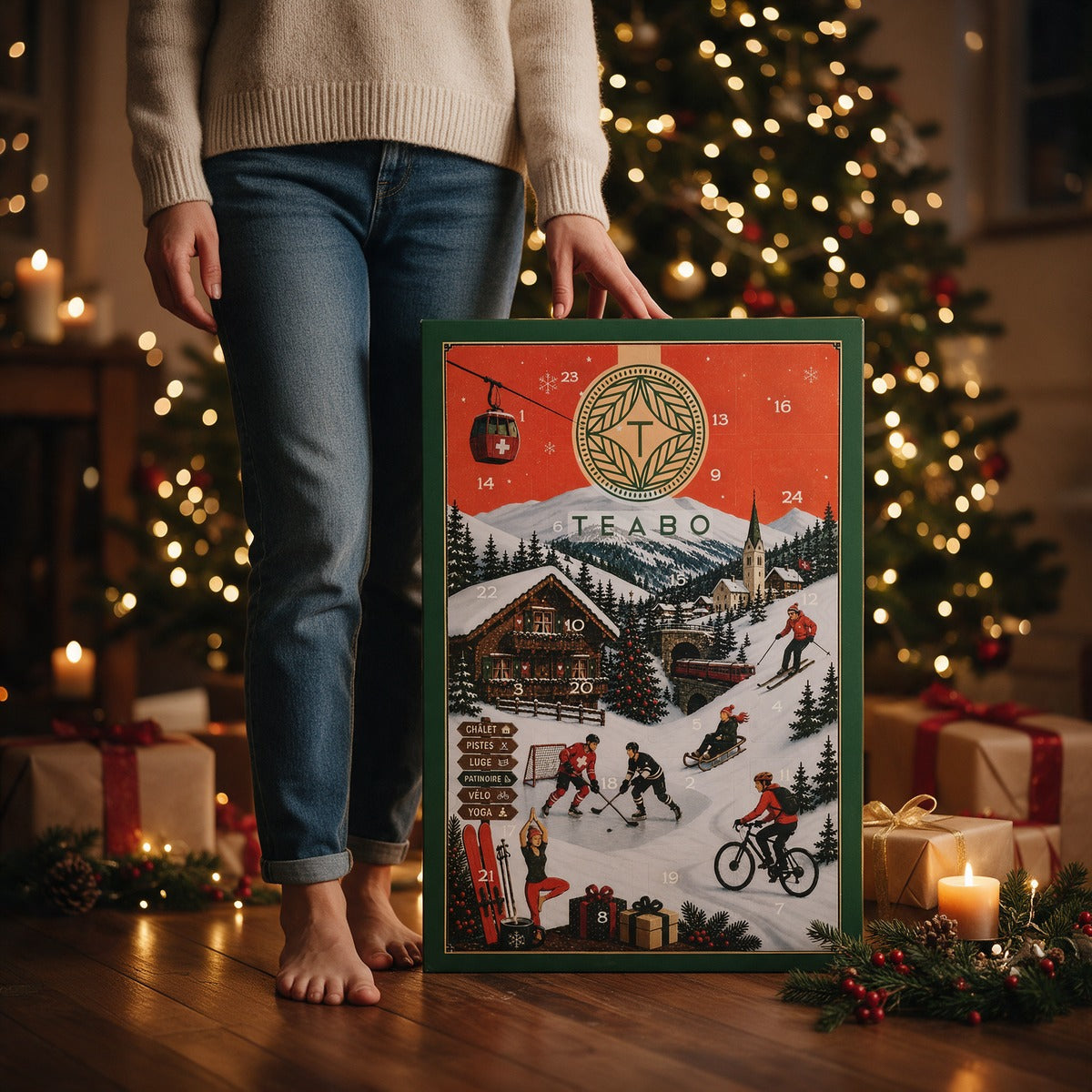 Le calendrier de l'Avent Teabo entouré de cadeaux, de bougies et d'une guirlande de sapin