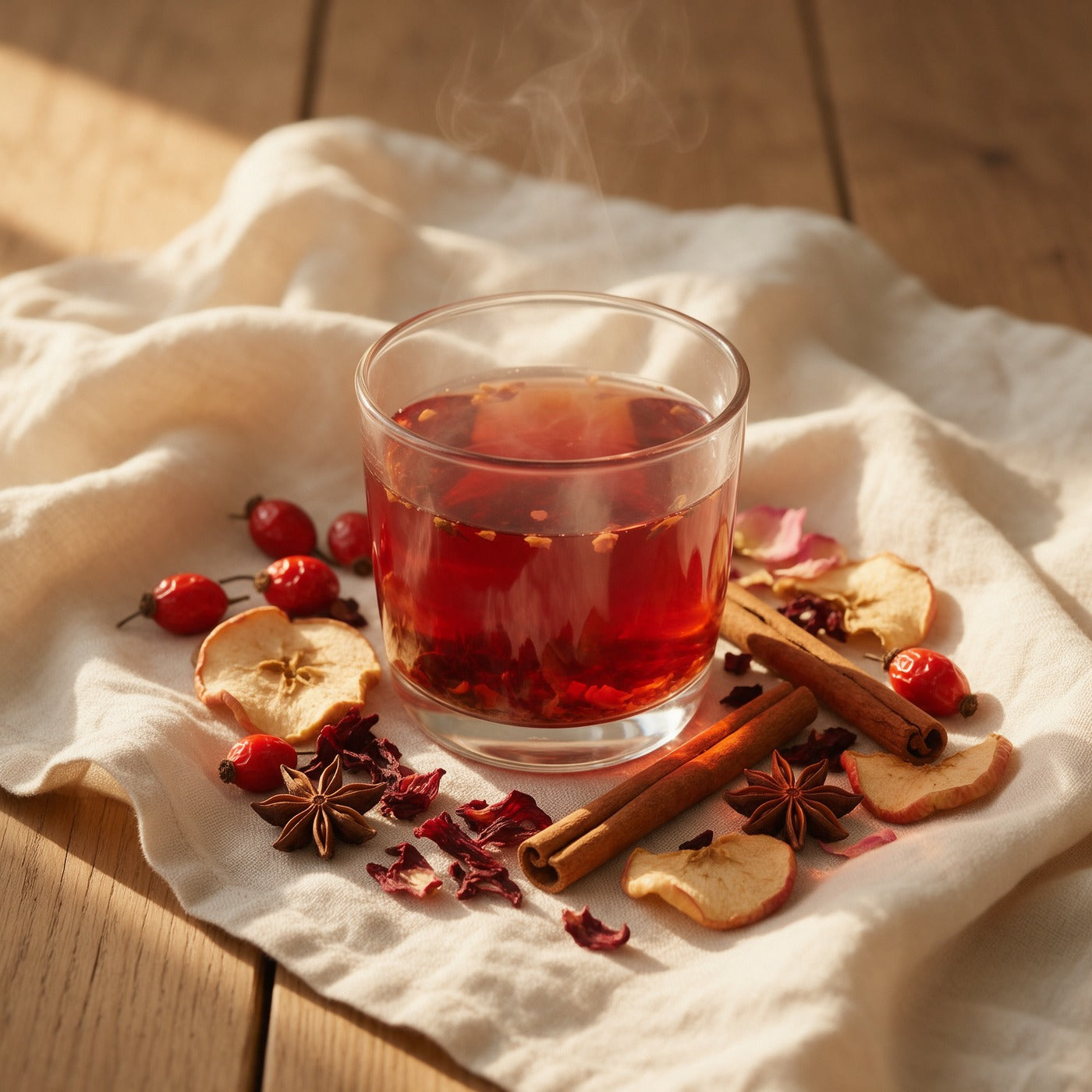 Une tasse d'infusion rouge entourée de cynorhodon, de cannelle et d'anis étoilé